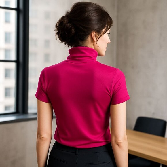 Alfani Petites PS Fuchsia Pink Mock Turtleneck Stretch Short Sleeve Top Citywear - Picture 7 of 12